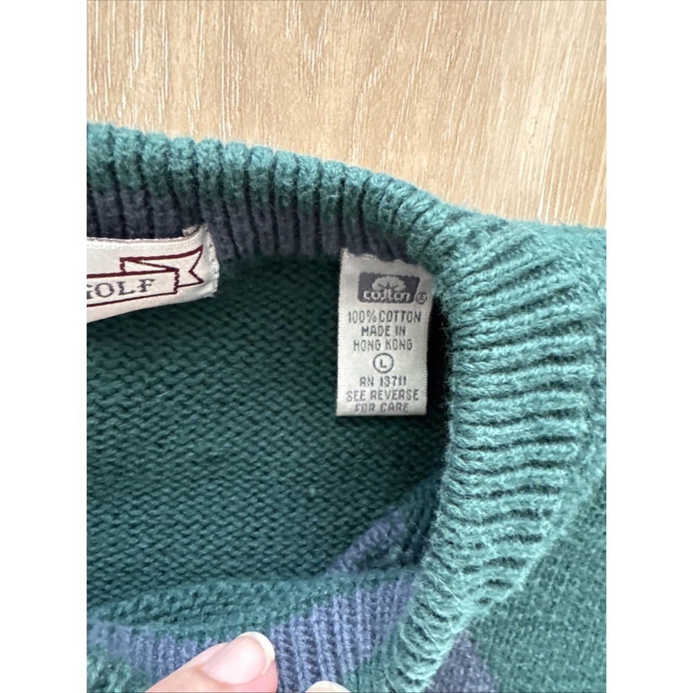 John Ashford Golf Men's VTG 90's Pull Over 100%cotton Sweater Green Sz L Argyle - Picture 4 of 5